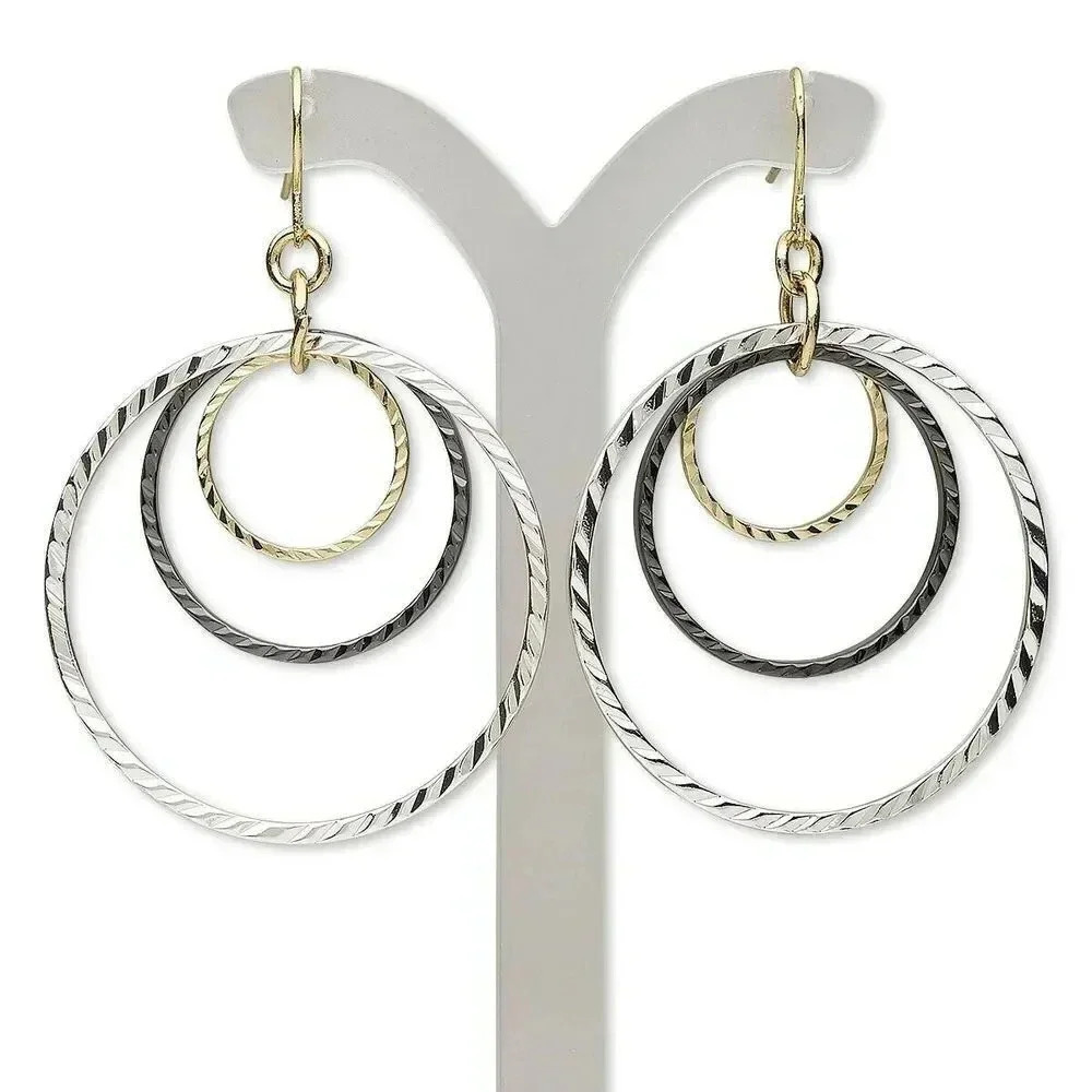 Gunmetal Gray Gold Silver Diamond Cut Metal Circles Hoop Dangle Earrings